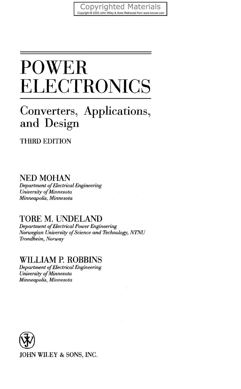 Power Electronics: Converters, Applications, and Design by Mohan 3rd Edition ISBN 9780471226932
