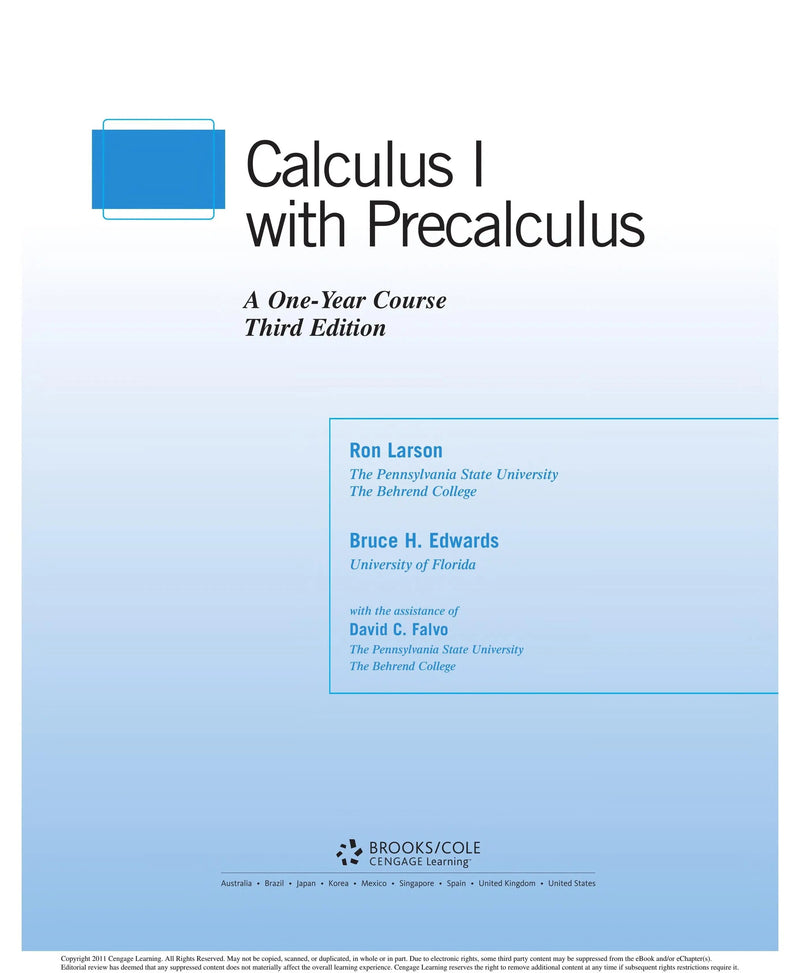 Calculus I with Precalculus by Ron Larson 3rd Edition ISBN 9780840068330